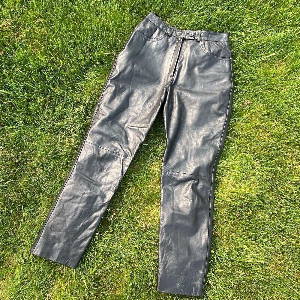 VTG 80s Harvé Benard Black Leather Moto Pants High Rise Straight Leg Lined M